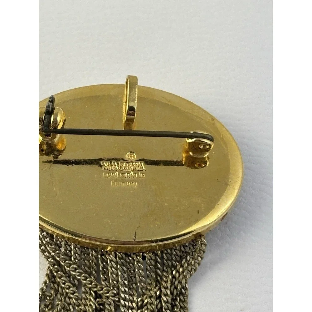 Rare MARENA Hand Made In Germany Gold Plated MOP Tassel Pendant Brooch Art Deco